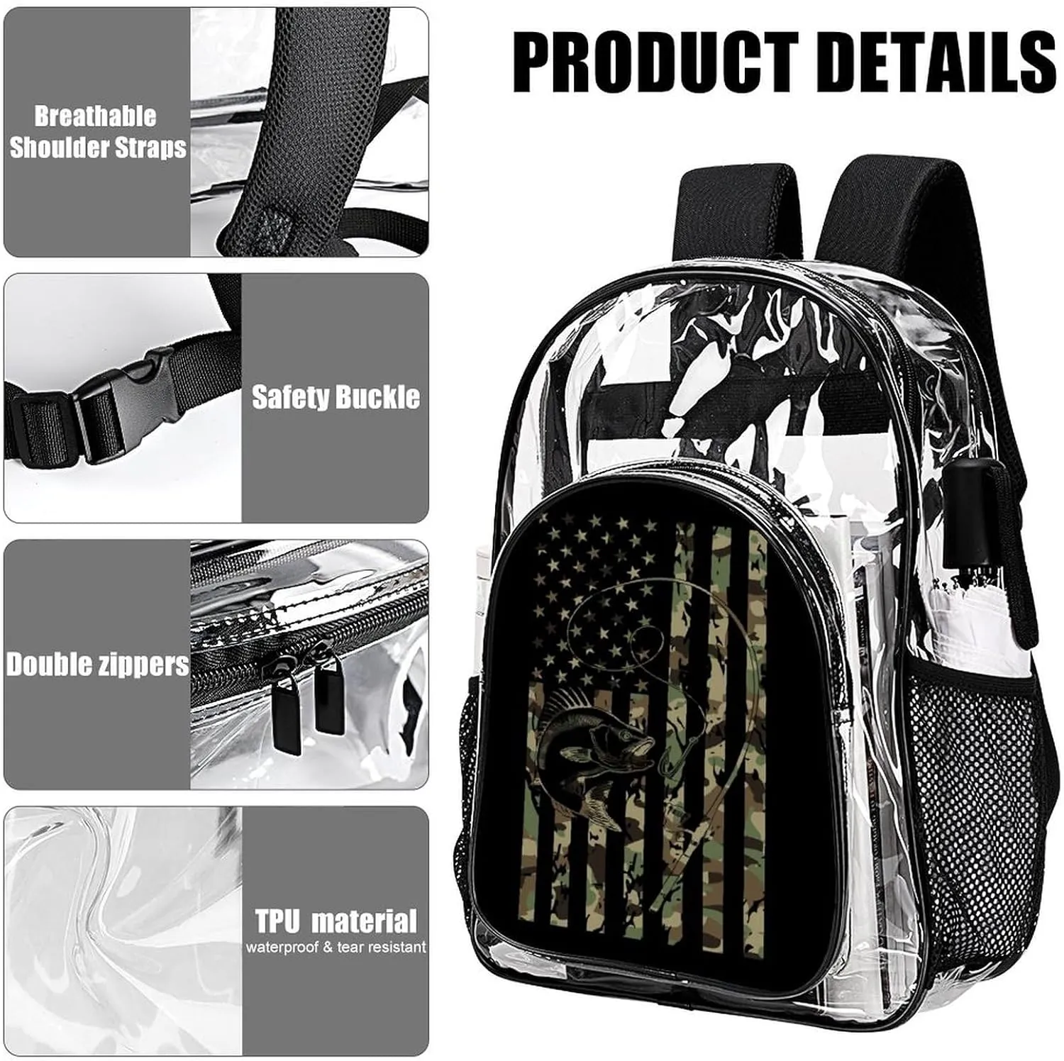 Bass Fishing Camo Camouflage American Flag Hunting Black Clear Backpack See Through Backpack Heavy Duty Clear Backpacks Transparent Bookbag for Work, Security, College