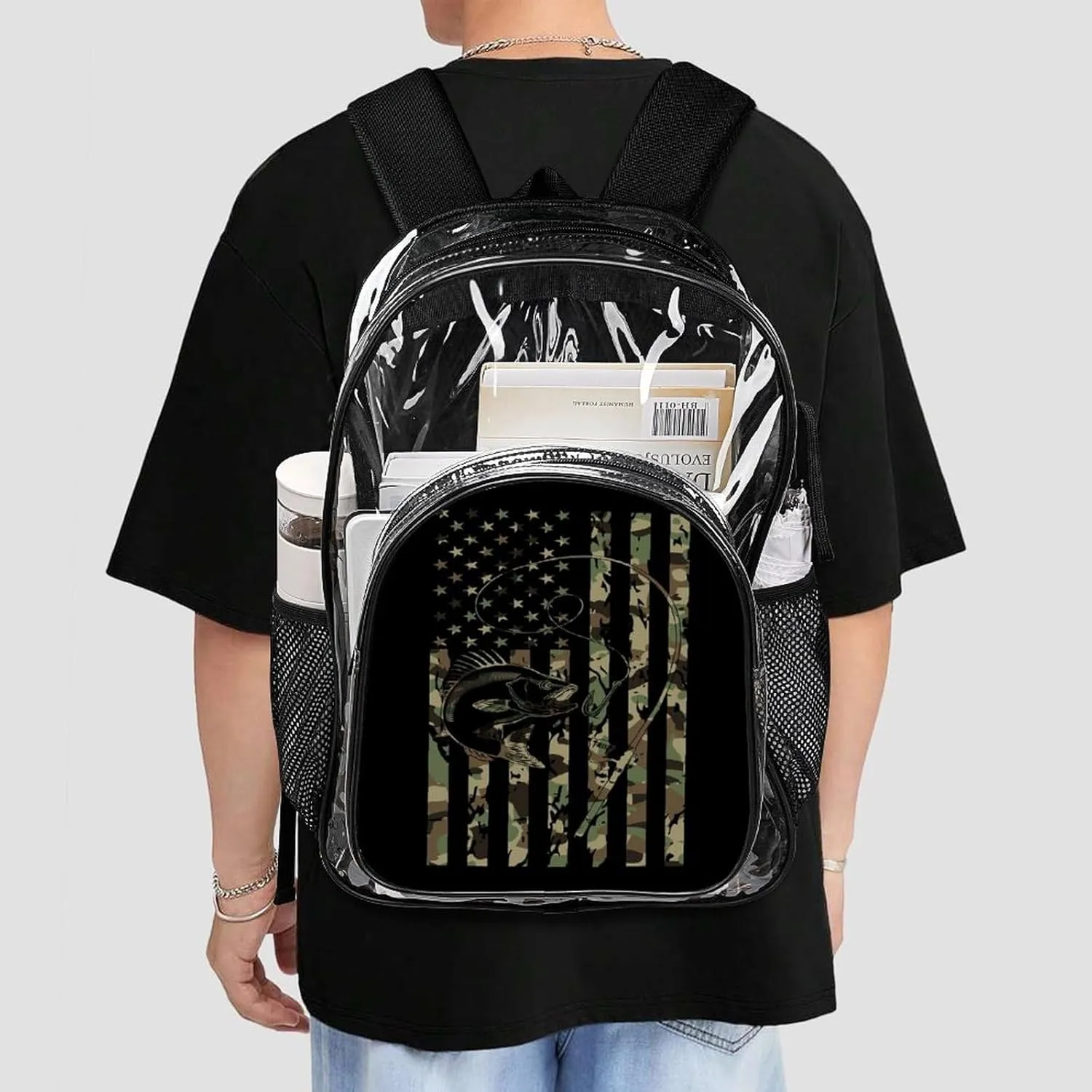 Bass Fishing Camo Camouflage American Flag Hunting Black Clear Backpack See Through Backpack Heavy Duty Clear Backpacks Transparent Bookbag for Work, Security, College