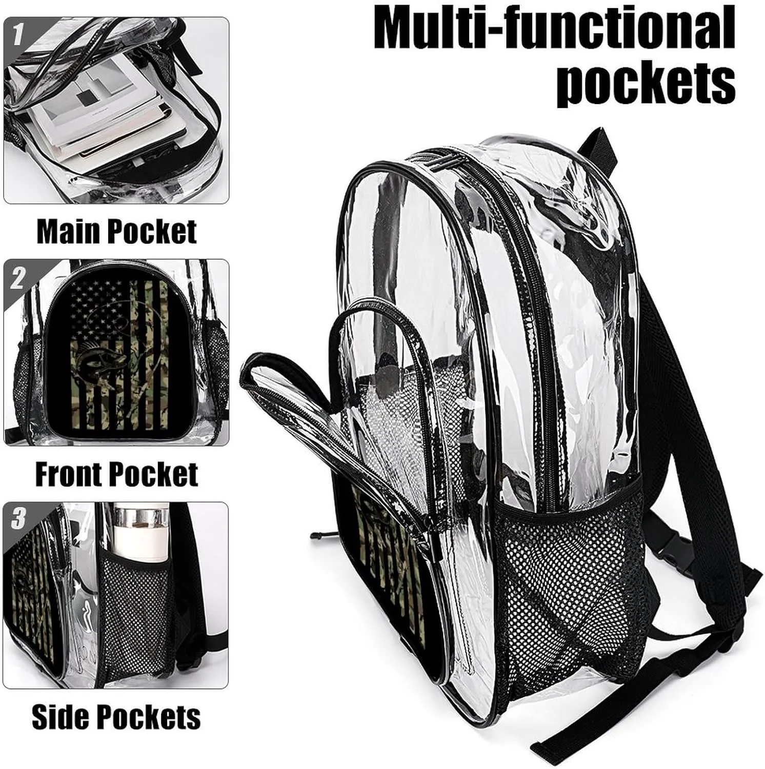 Bass Fishing Camo Camouflage American Flag Hunting Black Clear Backpack See Through Backpack Heavy Duty Clear Backpacks Transparent Bookbag for Work, Security, College
