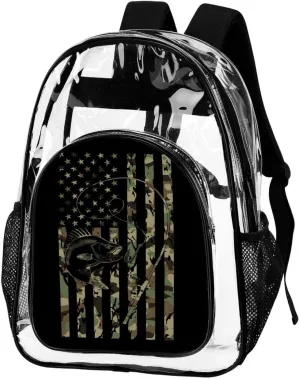 Bass Fishing Camo Camouflage American Flag Hunting Black Clear Backpack See Through Backpack Heavy Duty Clear Backpacks Transparent Bookbag for Work, Security, College