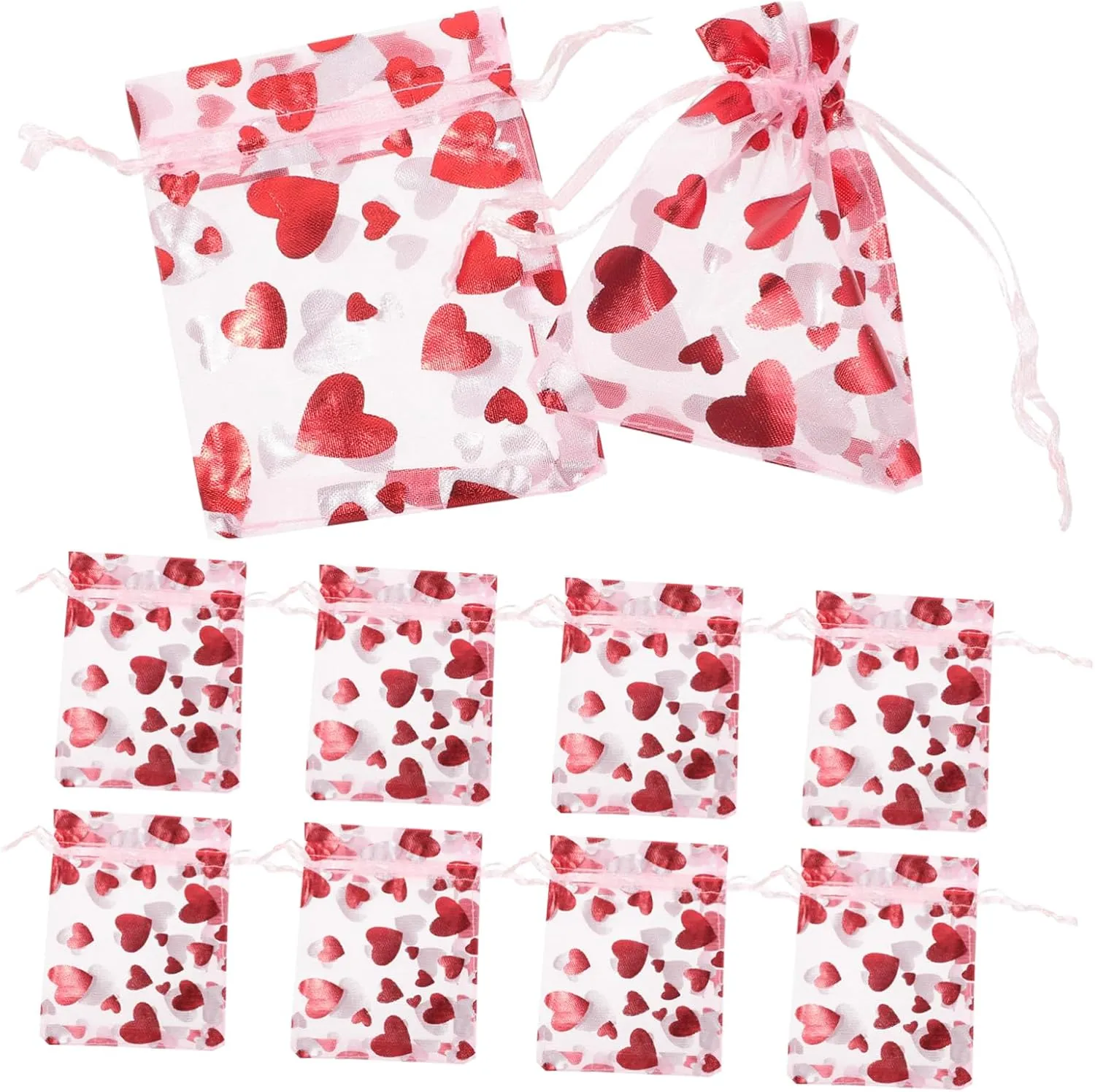 BCOATH Valentines Day Drawstring Bags 100pcs Heart Organza Jewelry Pouches Small Candy Bags for Treats Party Favors Jewelry Storage