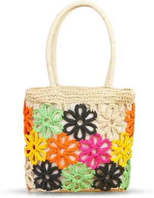 Beach Bag for Women, Colorful Flowers Openwork Pattern Straw Bag, Handwoven Rattan Handbag Suitable for Travel Vacation Work Daily Matching