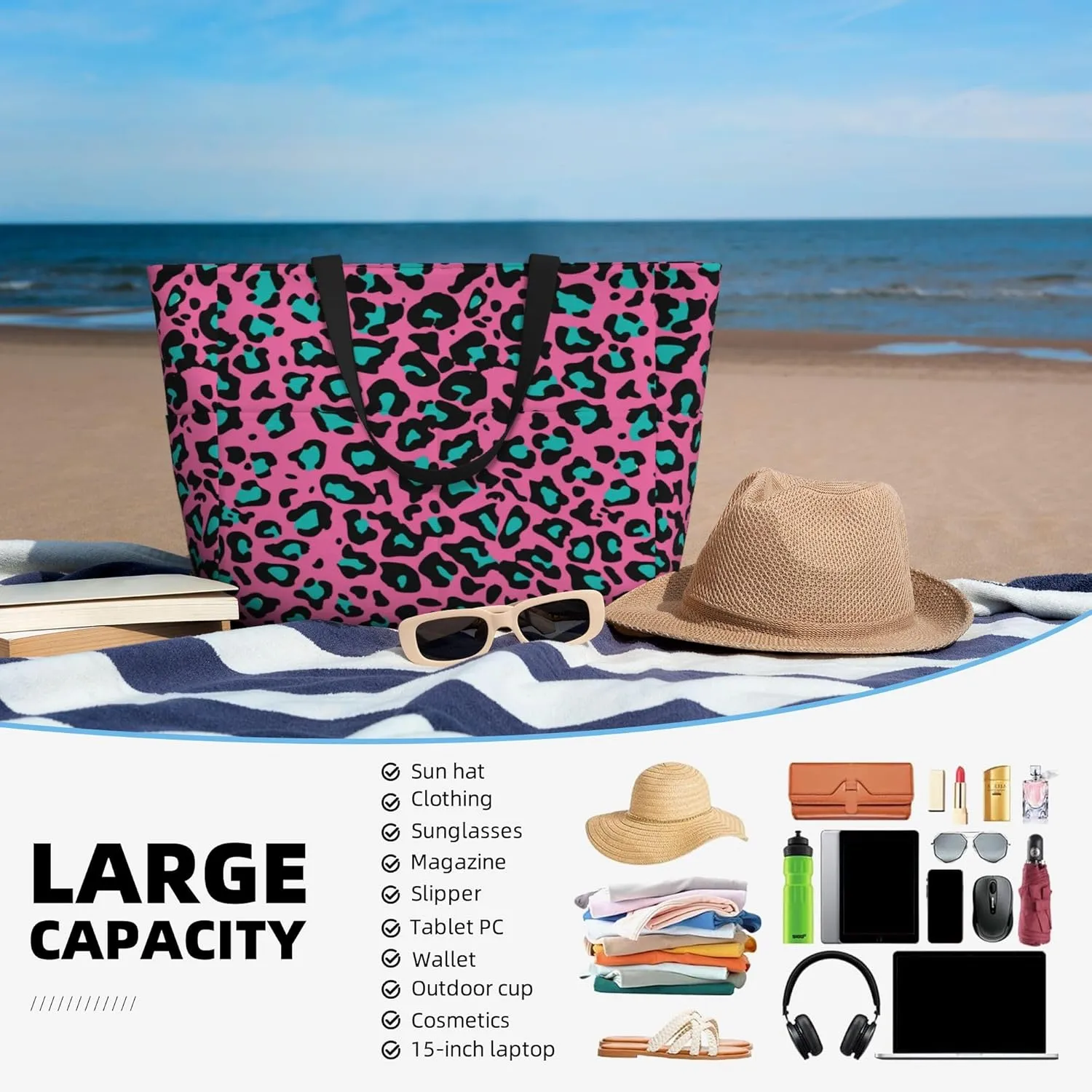 Beach Bag for Women Ladies, Extra Large Waterproof Gym Pool Swim Zipper Tote Bag for Weekender Travel