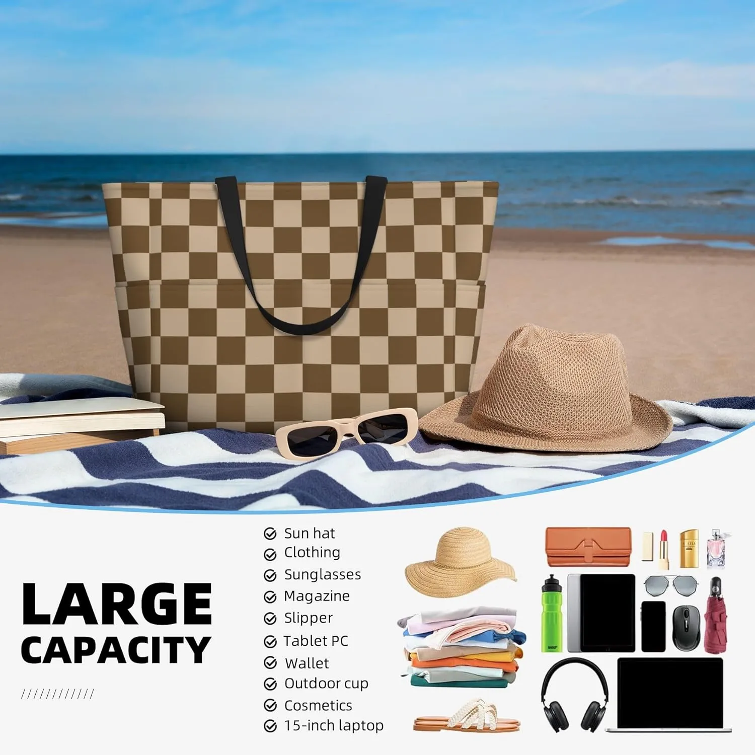 Beach Bag for Women Ladies, Extra Large Waterproof Gym Pool Swim Zipper Tote Bag for Weekender Travel