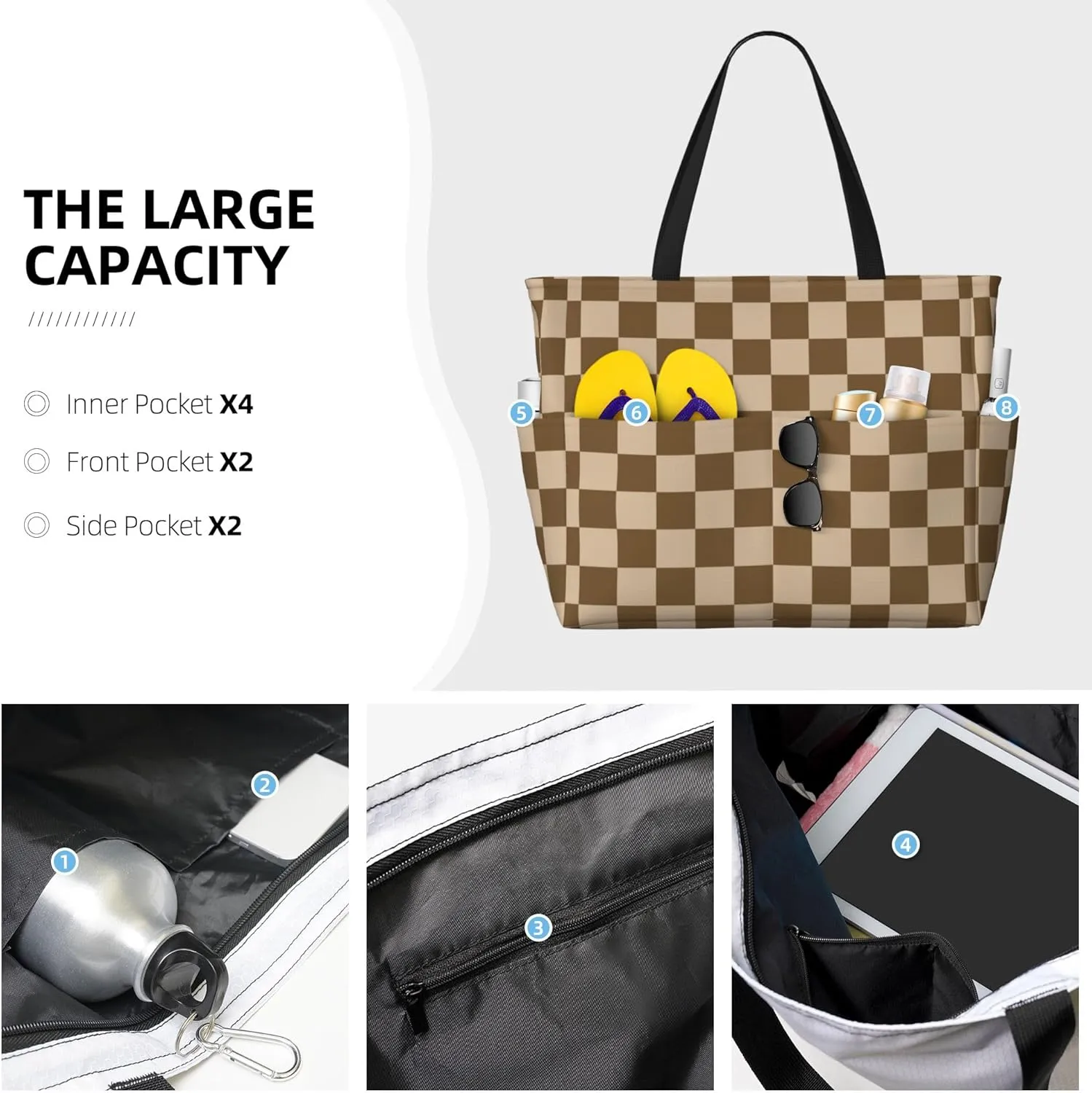 Beach Bag for Women Ladies, Extra Large Waterproof Gym Pool Swim Zipper Tote Bag for Weekender Travel