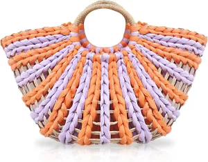 Beach Bag for Women, Summer Straw Bag, Handwoven Half Circle Color Handbag, Cutout Design with Unlined, Large Handbag Bag Suitable for Travel Work Party (Orange)