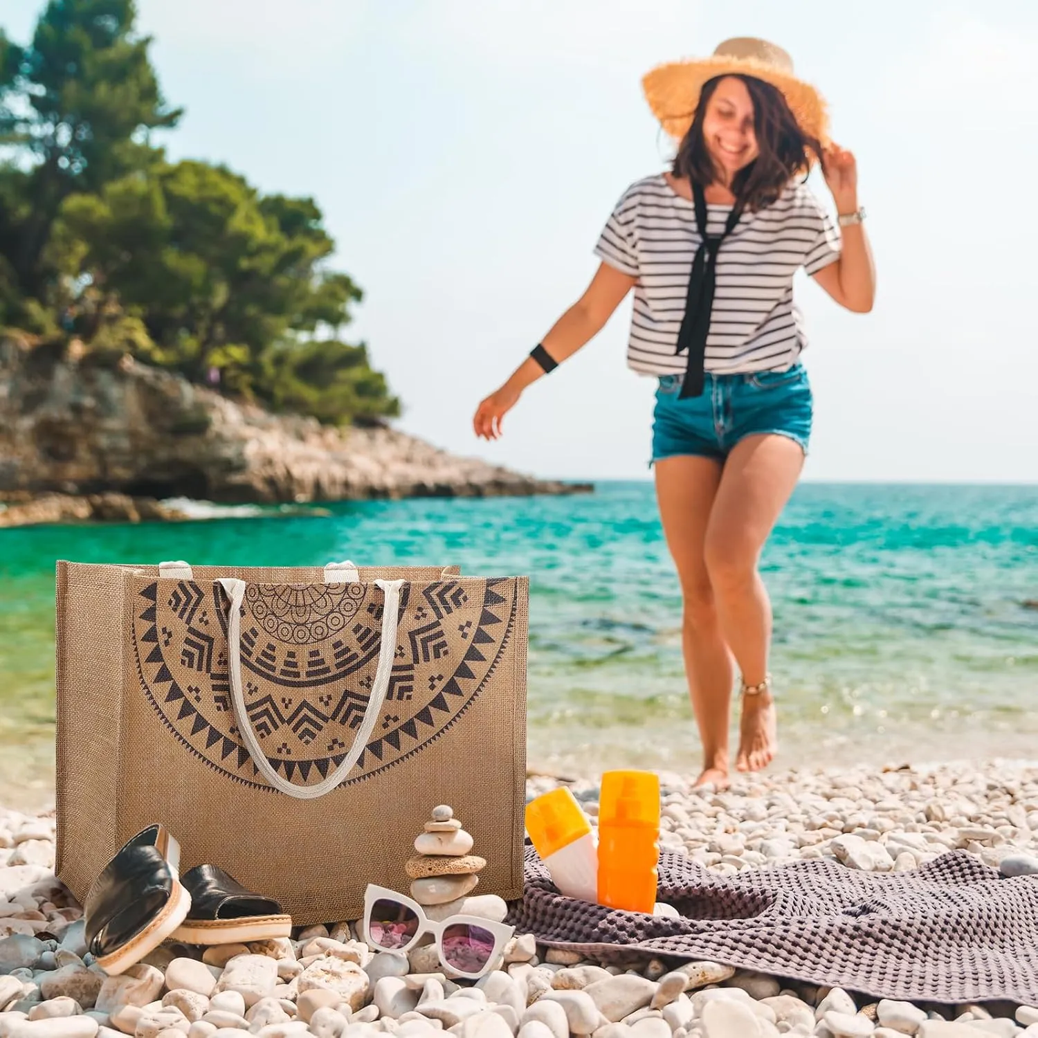 Beach Bag, Large Beach Bag for Women, Woven Straw Beach Tote Bag Waterproof, Weaving Swim Gym Shopping Travel Bag