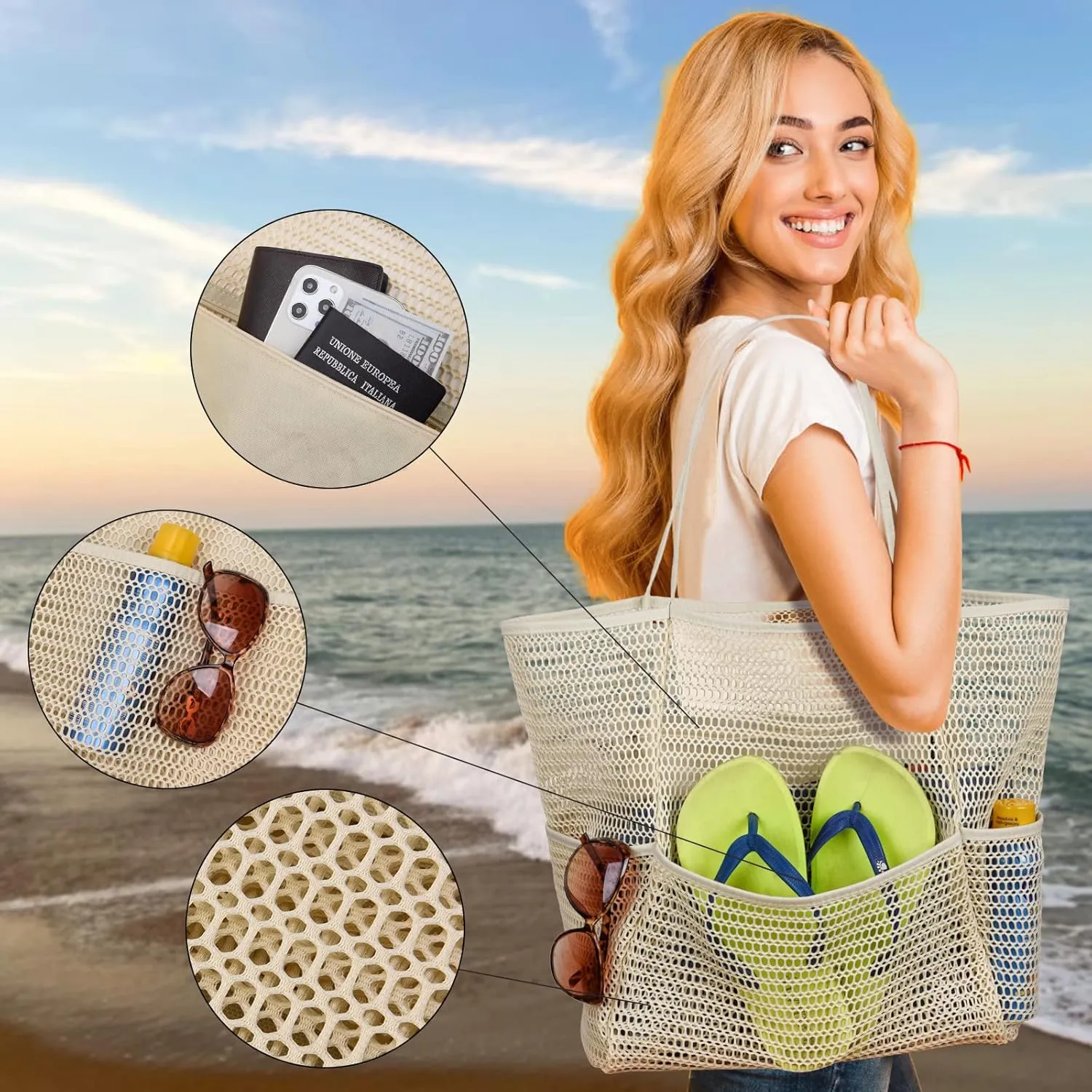 Beach Bag - Mesh Tote Bag Beach Vacation Clothes for Women Pool Bag for Travel Pool Family Cruise Essentials 2025