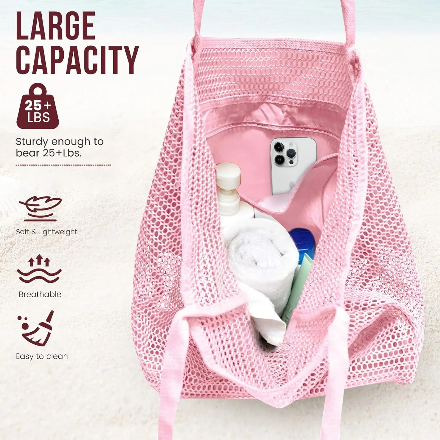 Beach Bags for Women, Foldable Mesh Tote Bag with Mini Pocke, Womens Shoulder bag for Travel Beach Essentials Swimming Pool