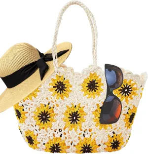 Beach Bags for Women Straw Tote Bag Floral Straw Bag Beach Straw Bag Large Tote Handbag Summer Beach Bag