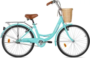 Beach Cruiser Bike for Adult, Womens Bicycle with Rattan Front Basket, 24 & 26 Inch Comfort Bikes with Adjustable Seat and Dual V-Brake (Pink & White & Green & Purple & Black)
