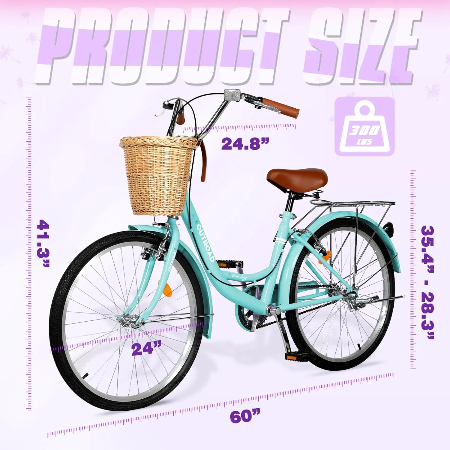 Beach Cruiser Bike for Adult, Womens Bicycle with Rattan Front Basket, 24 & 26 Inch Comfort Bikes with Adjustable Seat and Dual V-Brake (Pink & White & Green & Purple & Black)