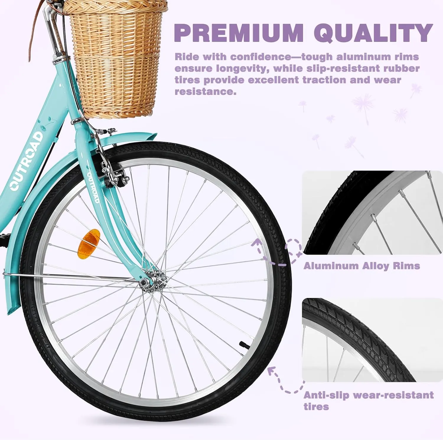 Beach Cruiser Bike for Adult, Womens Bicycle with Rattan Front Basket, 24 & 26 Inch Comfort Bikes with Adjustable Seat and Dual V-Brake (Pink & White & Green & Purple & Black)