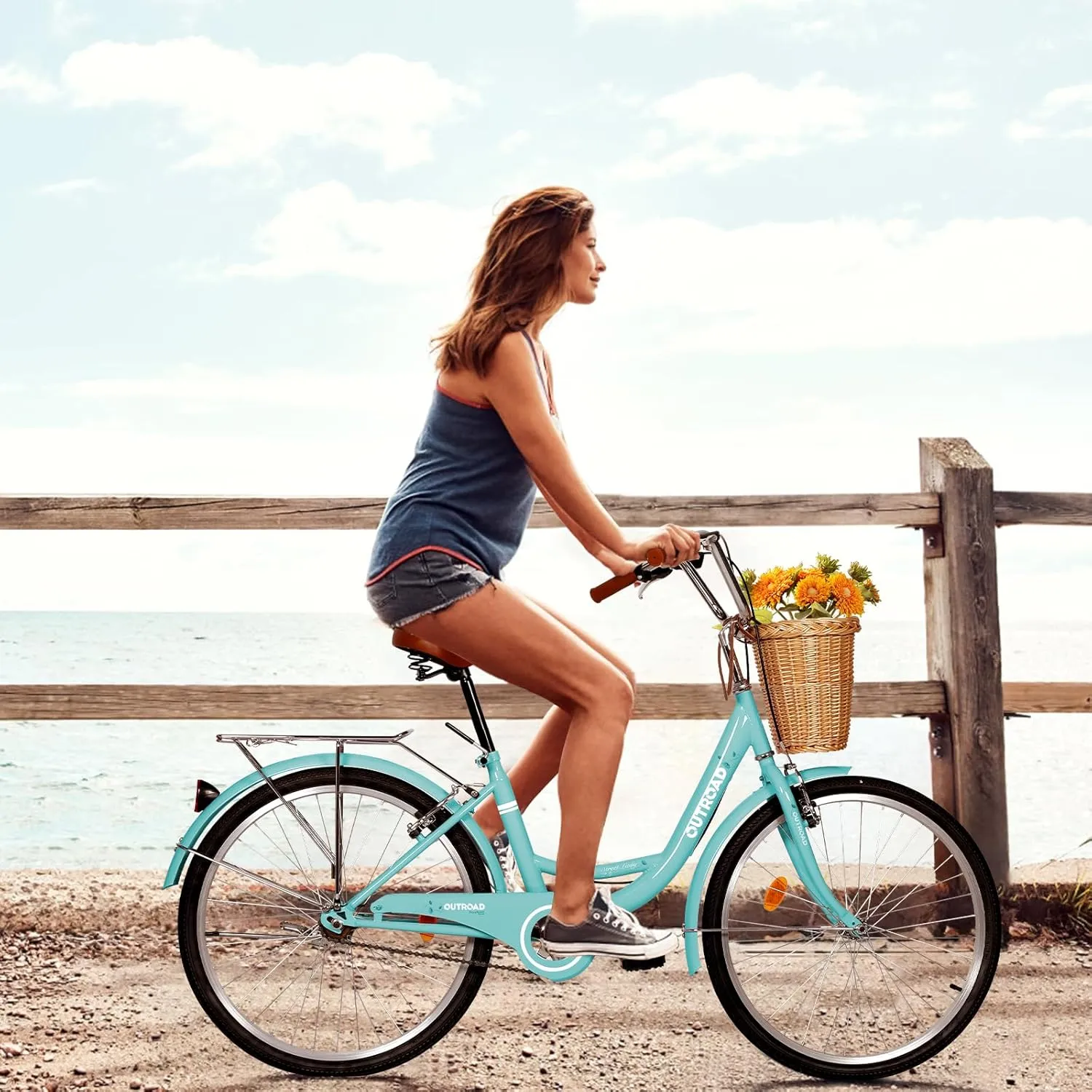 Beach Cruiser Bike for Adult, Womens Bicycle with Rattan Front Basket, 24 & 26 Inch Comfort Bikes with Adjustable Seat and Dual V-Brake (Pink & White & Green & Purple & Black)
