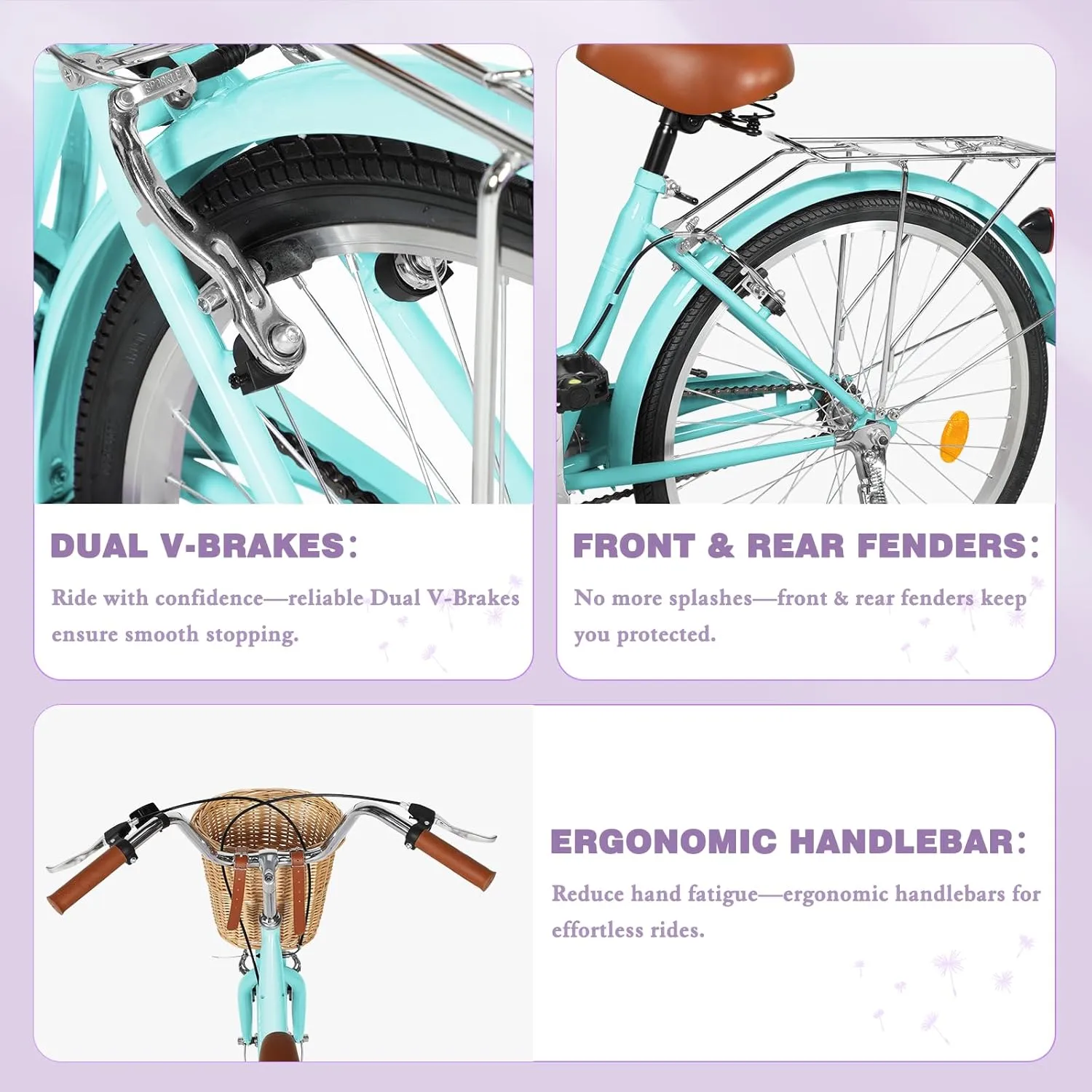 Beach Cruiser Bike for Adult, Womens Bicycle with Rattan Front Basket, 24 & 26 Inch Comfort Bikes with Adjustable Seat and Dual V-Brake (Pink & White & Green & Purple & Black)