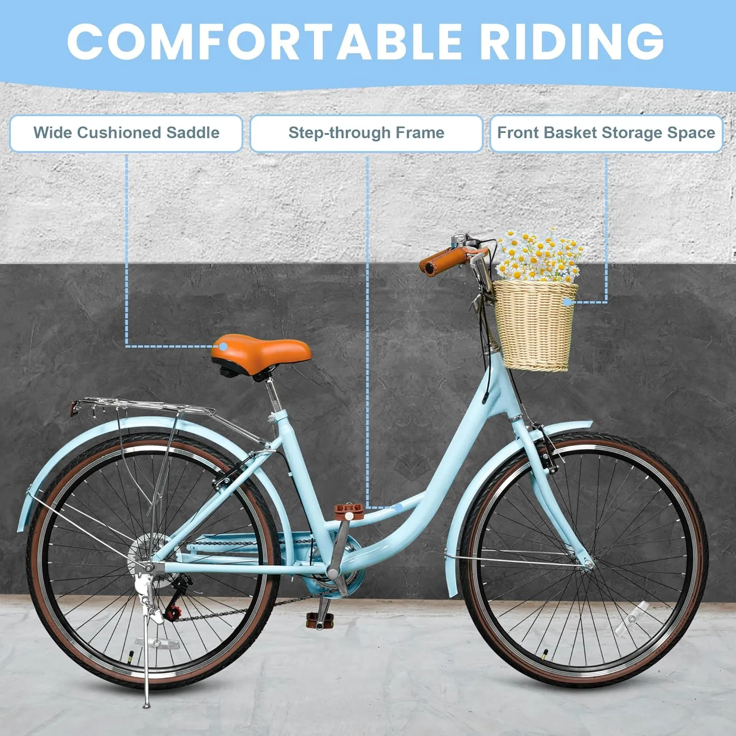Beach Cruiser Bike for Women, 24 26 inch 7 Speed Commute Bike for Adults, Womens Bicycle with Ratten Basket and Adjustable Seat, Lightweight Step Through Bike for Adults Women Ladies