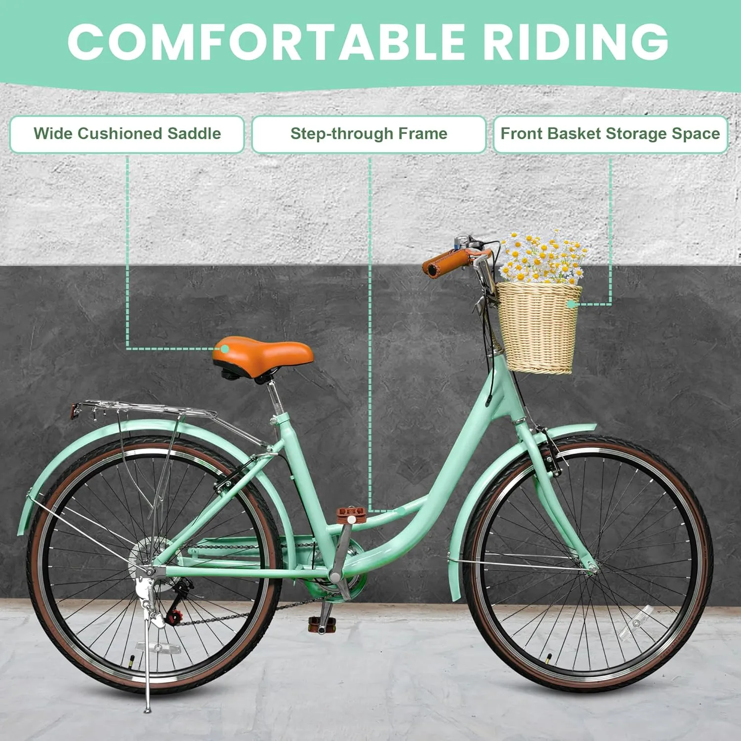 Beach Cruiser Bike for Women, 24 26 inch 7 Speed Commute Bike for Adults, Womens Bicycle with Ratten Basket and Adjustable Seat, Lightweight Step Through Bike for Adults Women Ladies