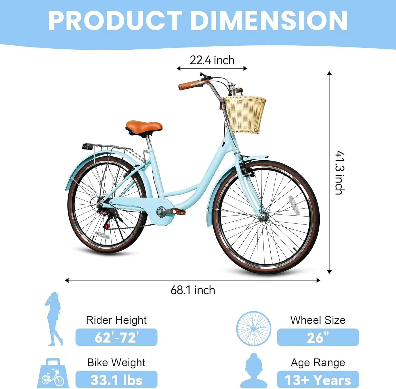 Beach Cruiser Bike for Women, 24 26 inch 7 Speed Commute Bike for Adults, Womens Bicycle with Ratten Basket and Adjustable Seat, Lightweight Step Through Bike for Adults Women Ladies