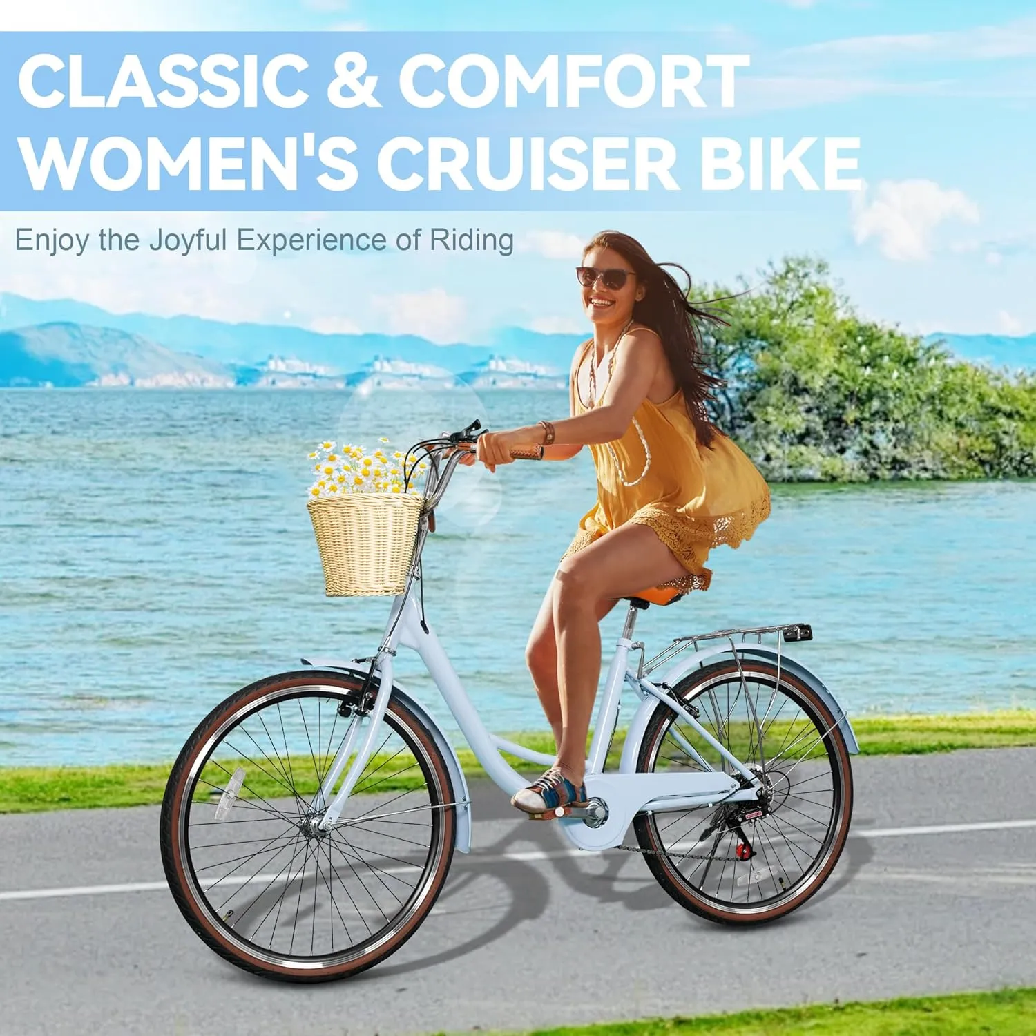 Beach Cruiser Bike for Women, 24 26 inch 7 Speed Commute Bike for Adults, Womens Bicycle with Ratten Basket and Adjustable Seat, Lightweight Step Through Bike for Adults Women Ladies