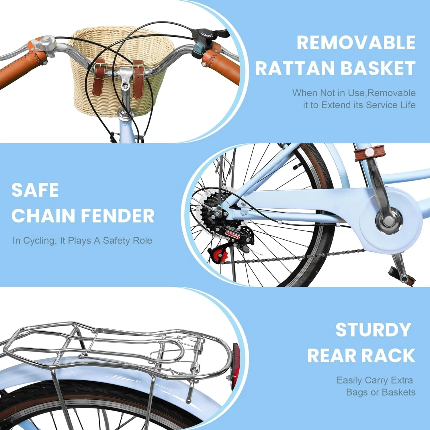 Beach Cruiser Bike for Women, 24 26 inch 7 Speed Commute Bike for Adults, Womens Bicycle with Ratten Basket and Adjustable Seat, Lightweight Step Through Bike for Adults Women Ladies