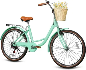 Beach Cruiser Bike for Women, 24 26 inch 7 Speed Commute Bike for Adults, Womens Bicycle with Ratten Basket and Adjustable Seat, Lightweight Step Through Bike for Adults Women Ladies