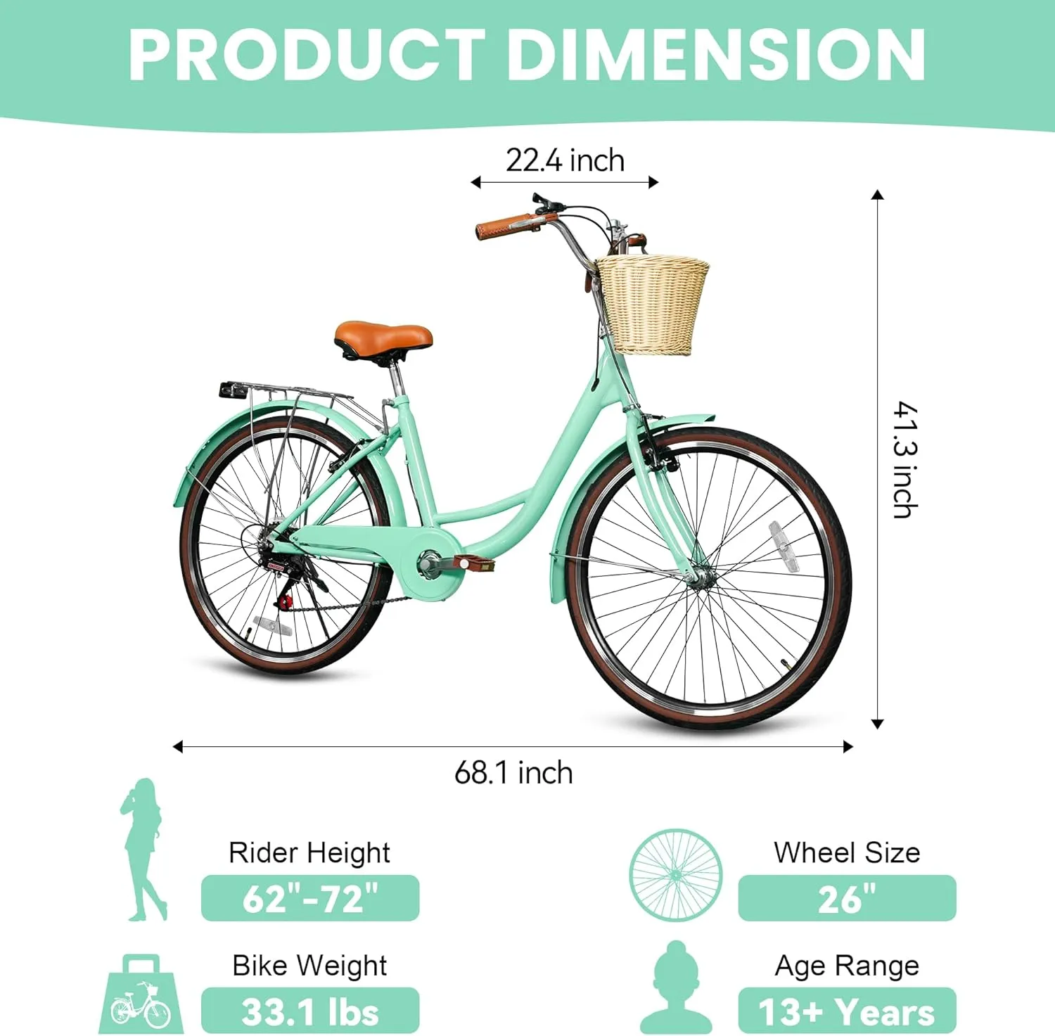 Beach Cruiser Bike for Women, 24 26 inch 7 Speed Commute Bike for Adults, Womens Bicycle with Ratten Basket and Adjustable Seat, Lightweight Step Through Bike for Adults Women Ladies