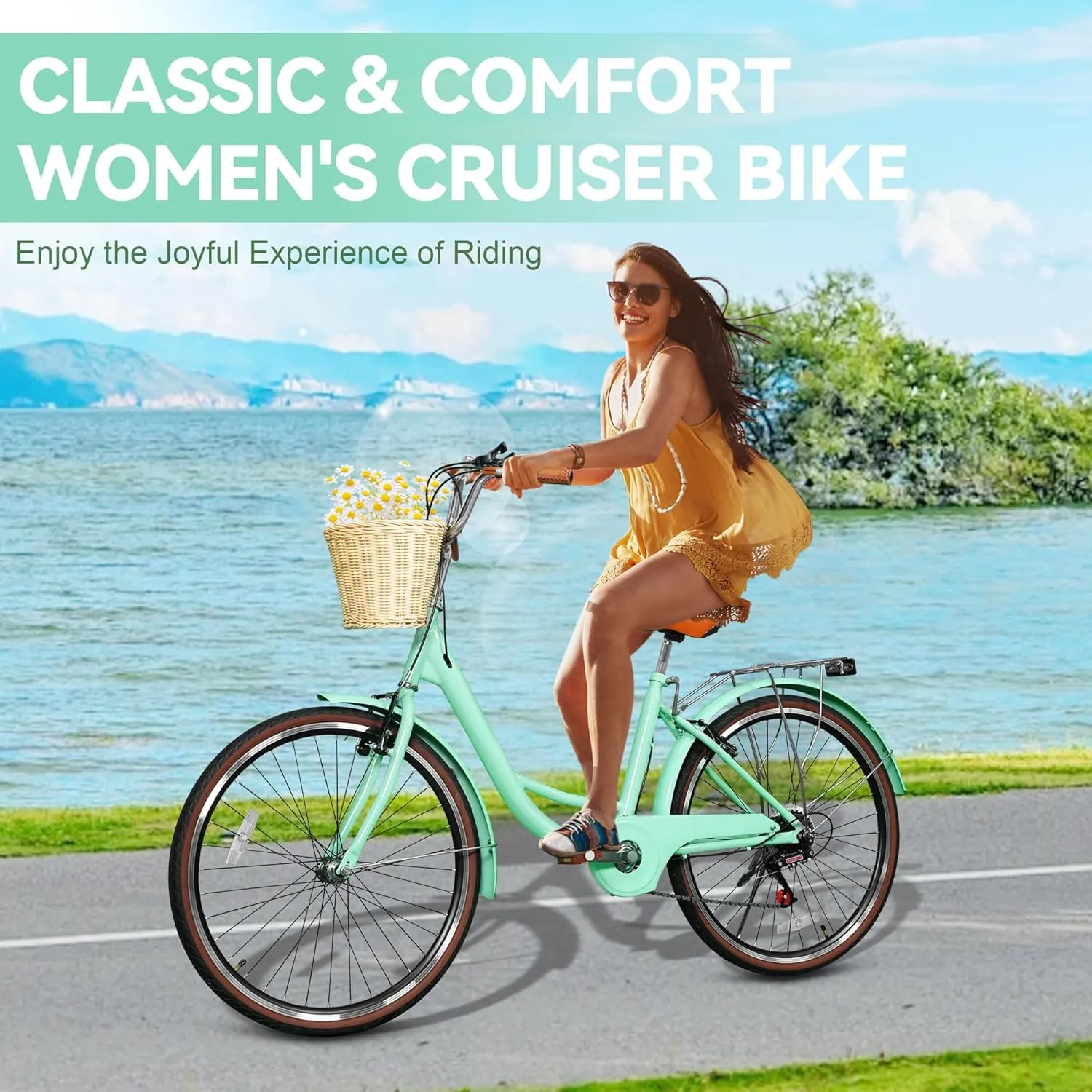 Beach Cruiser Bike for Women, 24 26 inch 7 Speed Commute Bike for Adults, Womens Bicycle with Ratten Basket and Adjustable Seat, Lightweight Step Through Bike for Adults Women Ladies