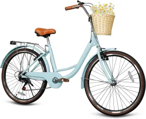Beach Cruiser Bike for Women, 24 26 inch 7 Speed Commute Bike for Adults, Womens Bicycle with Ratten Basket and Adjustable Seat, Lightweight Step Through Bike for Adults Women Ladies