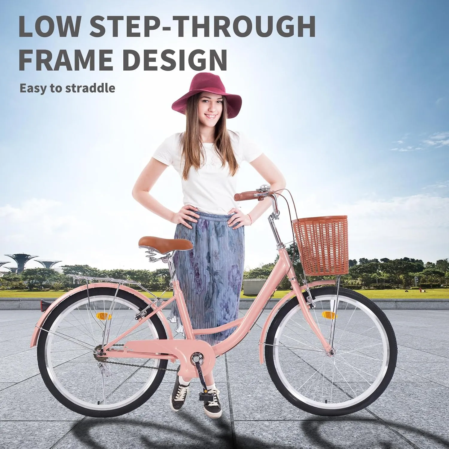 Beach Cruiser Bike for Women, 26 inch Adults Bicycle Single Speed, Bike for Women with Basket & Steel Rack, Women's Bike for Commuting, Step Through City Bike for Women