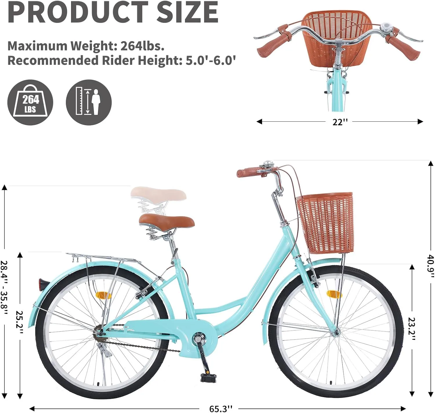 Beach Cruiser Bike for Women, 26 inch Adults Bicycle Single Speed, Bike for Women with Basket & Steel Rack, Women's Bike for Commuting, Step Through City Bike for Women