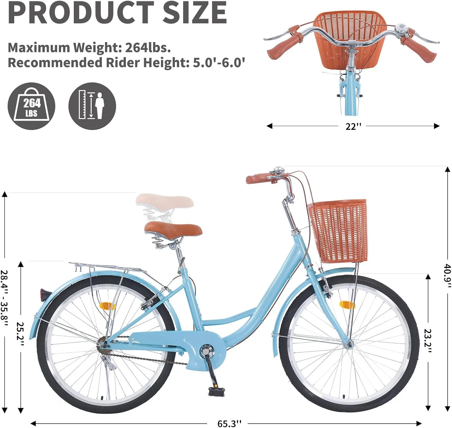 Beach Cruiser Bike for Women, 26 inch Adults Bicycle Single Speed, Bike for Women with Basket & Steel Rack, Women's Bike for Commuting, Step Through City Bike for Women