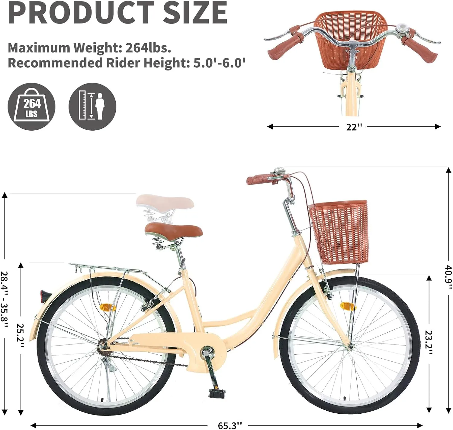 Beach Cruiser Bike for Women, 26 inch Adults Bicycle Single Speed, Bike for Women with Basket & Steel Rack, Women's Bike for Commuting, Step Through City Bike for Women