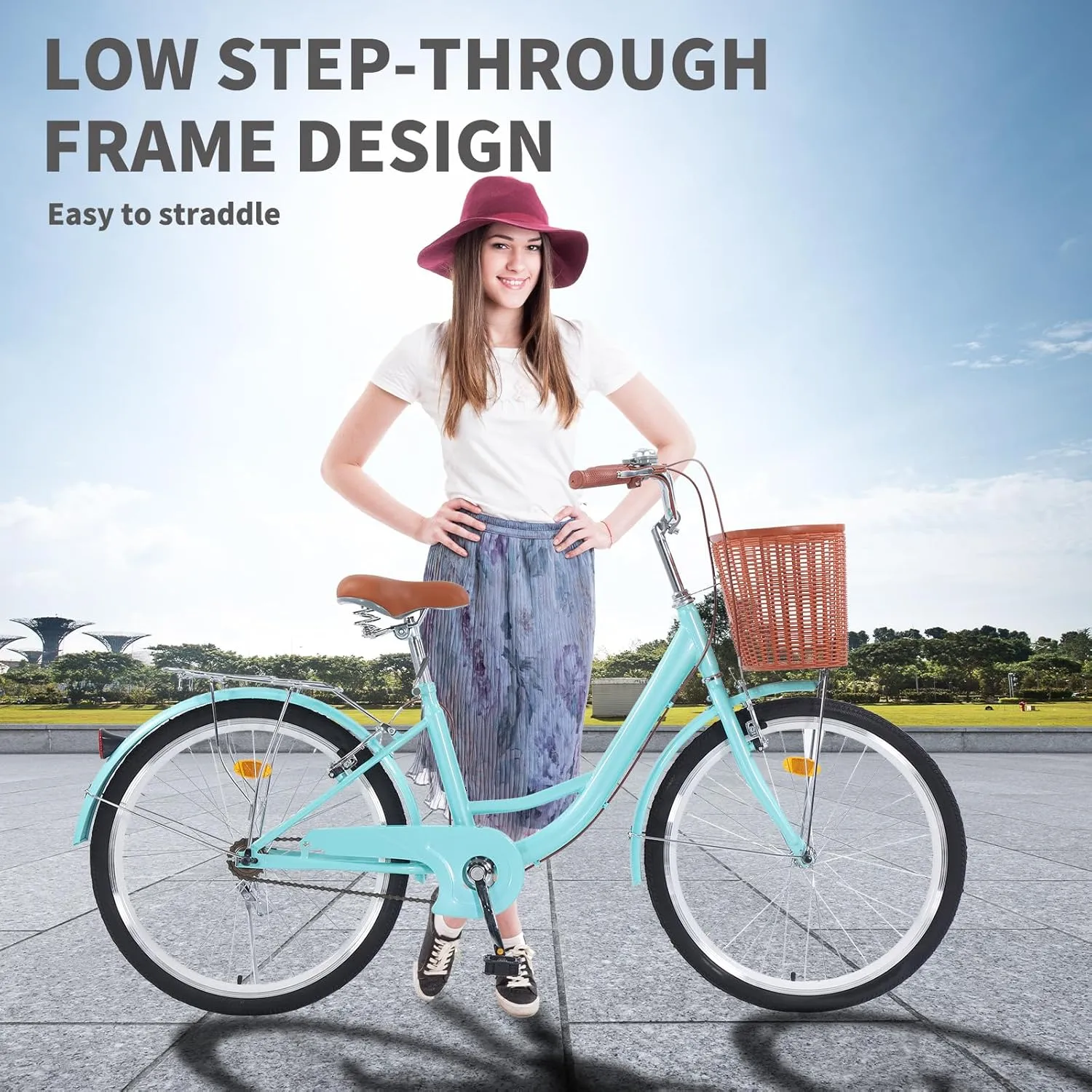 Beach Cruiser Bike for Women, 26 inch Adults Bicycle Single Speed, Bike for Women with Basket & Steel Rack, Women's Bike for Commuting, Step Through City Bike for Women