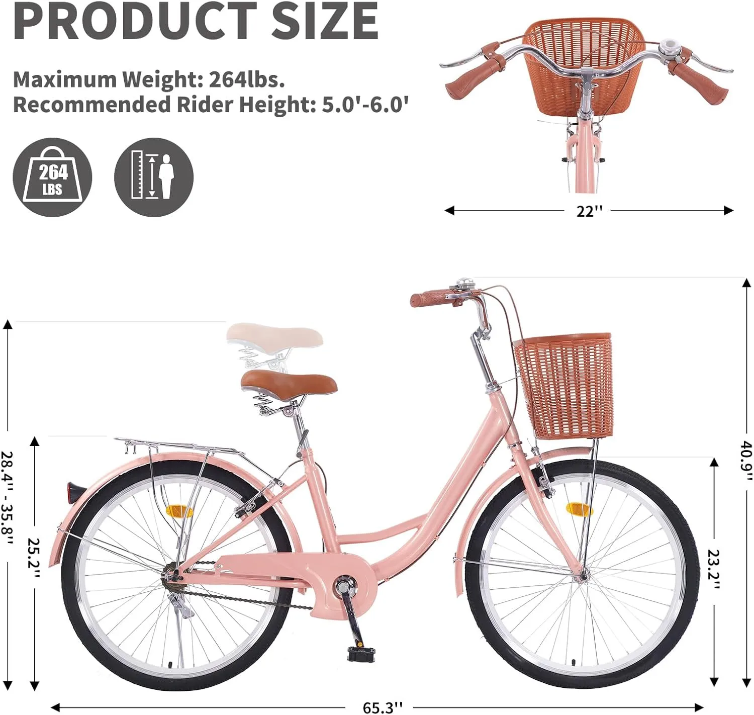 Beach Cruiser Bike for Women, 26 inch Adults Bicycle Single Speed, Bike for Women with Basket & Steel Rack, Women's Bike for Commuting, Step Through City Bike for Women
