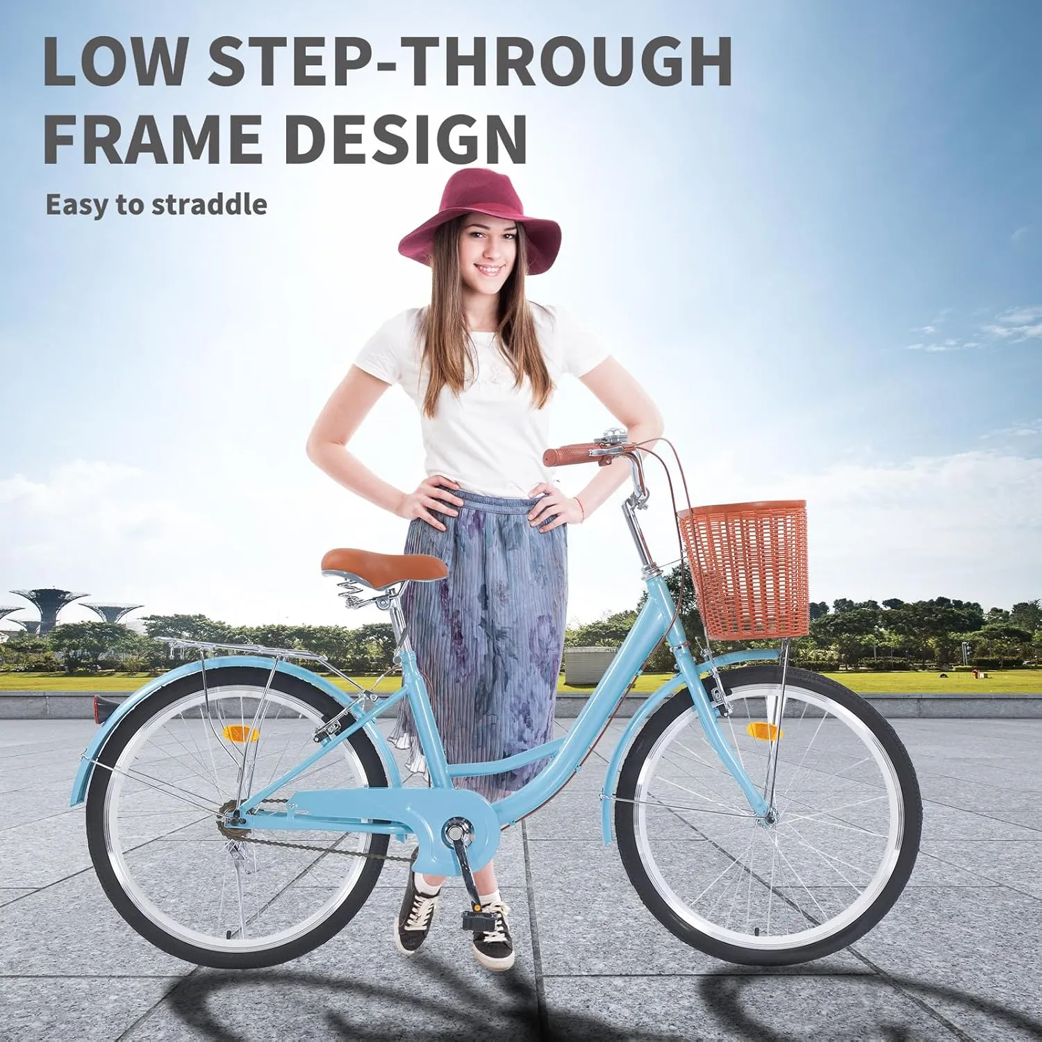 Beach Cruiser Bike for Women, 26 inch Adults Bicycle Single Speed, Bike for Women with Basket & Steel Rack, Women's Bike for Commuting, Step Through City Bike for Women