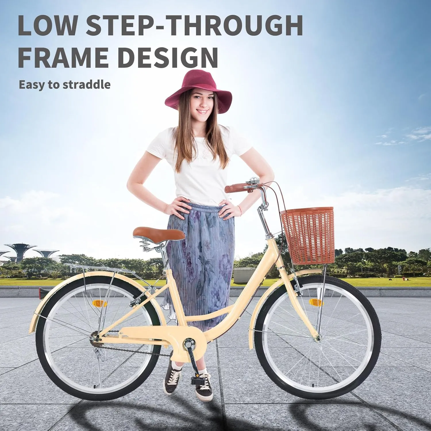 Beach Cruiser Bike for Women, 26 inch Adults Bicycle Single Speed, Bike for Women with Basket & Steel Rack, Women's Bike for Commuting, Step Through City Bike for Women