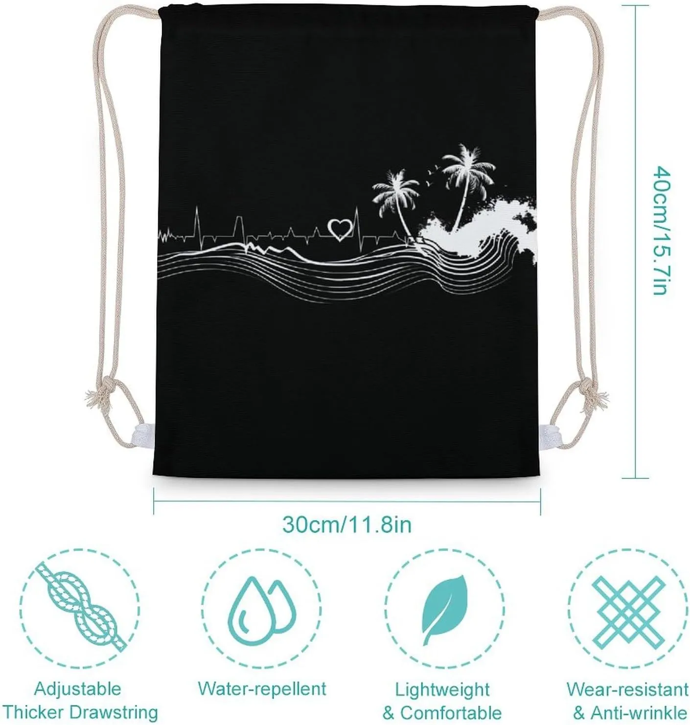 _Beach Heartbeat Drawstring Backpack Canvas Double Shoulder Bag Sports Gym Sackpack String Bag for Women Men 30x40cm