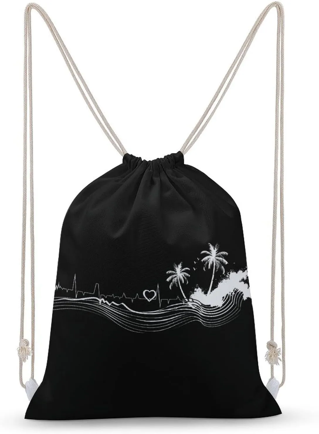 _Beach Heartbeat Drawstring Backpack Canvas Double Shoulder Bag Sports Gym Sackpack String Bag for Women Men 30x40cm