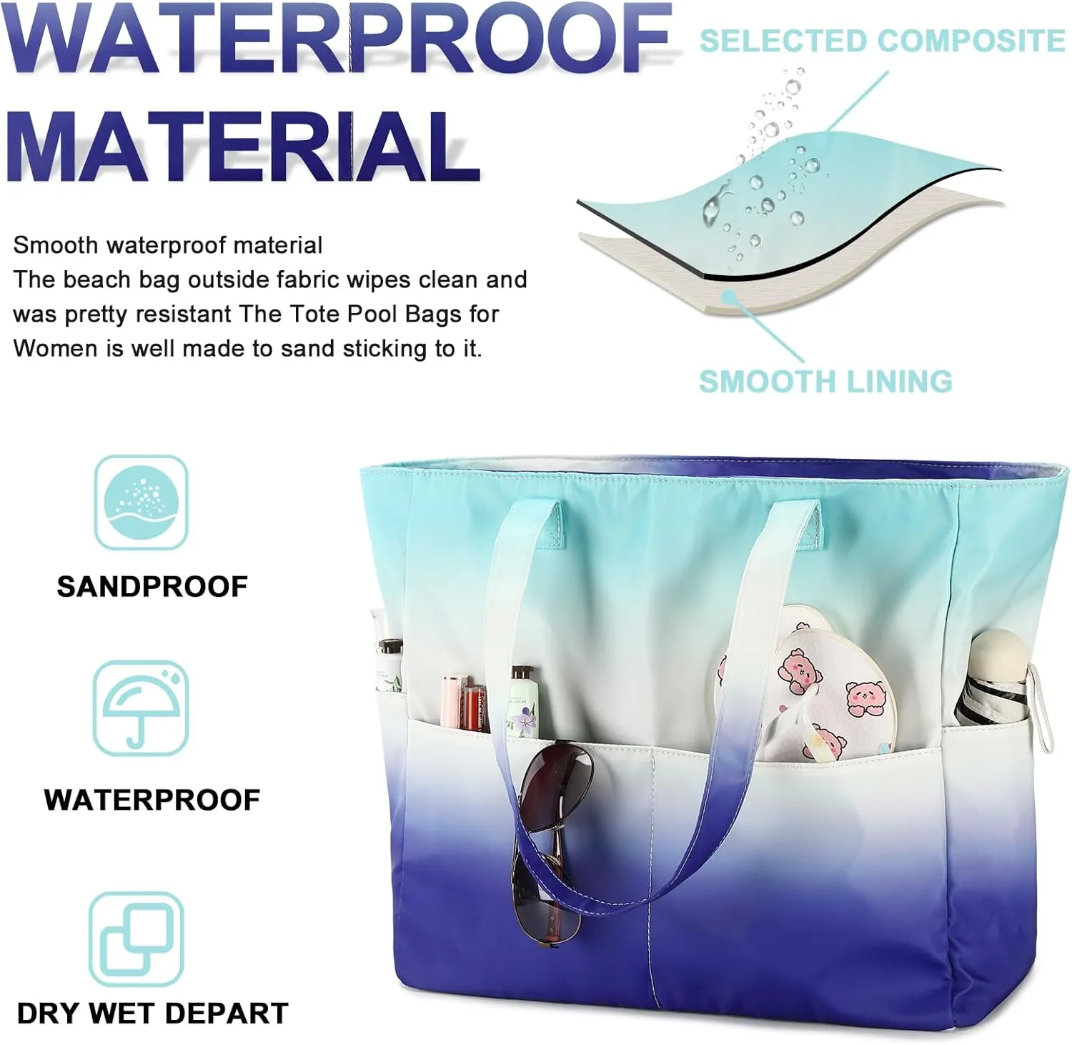 Beach Pool Bags Tote for Women Ladies Large Gym Tote Carry On Bag With Wet Compartment for Weekender Travel Waterproof