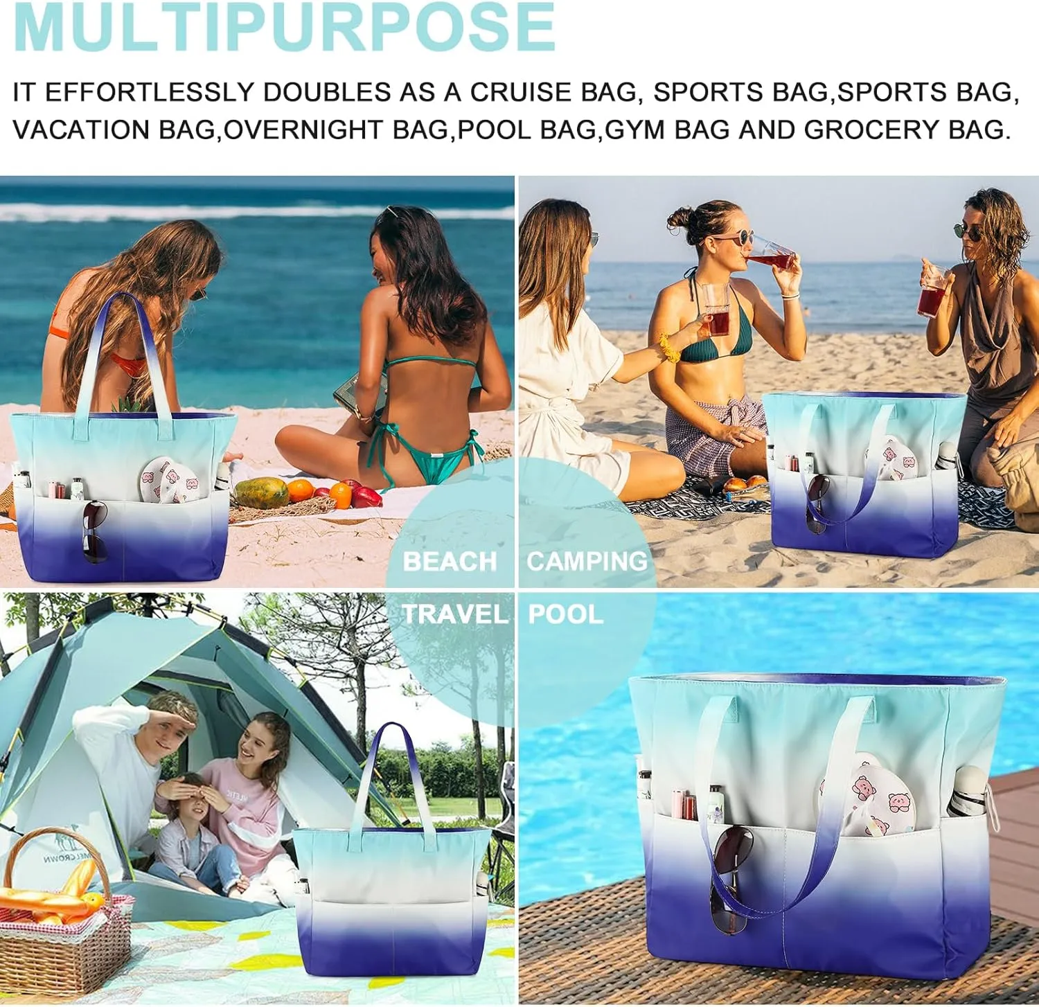 Beach Pool Bags Tote for Women Ladies Large Gym Tote Carry On Bag With Wet Compartment for Weekender Travel Waterproof
