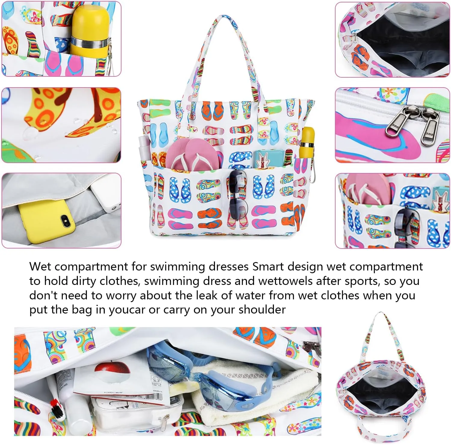 Beach Pool Bags Tote for Women Ladies Large Gym Tote Carry On Bag With Wet Compartment for Weekender Travel Waterproof