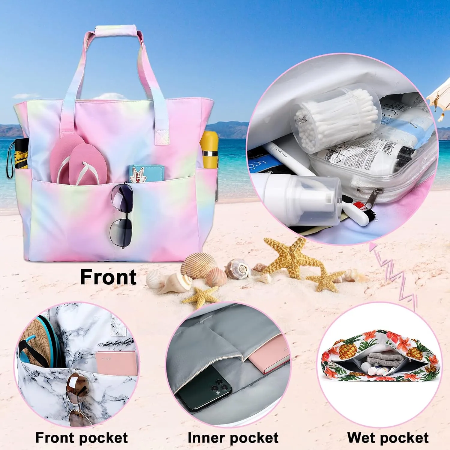 Beach Pool Bags Tote for Women Ladies Large Gym Tote Carry On Bag With Wet Compartment for Weekender Travel Waterproof