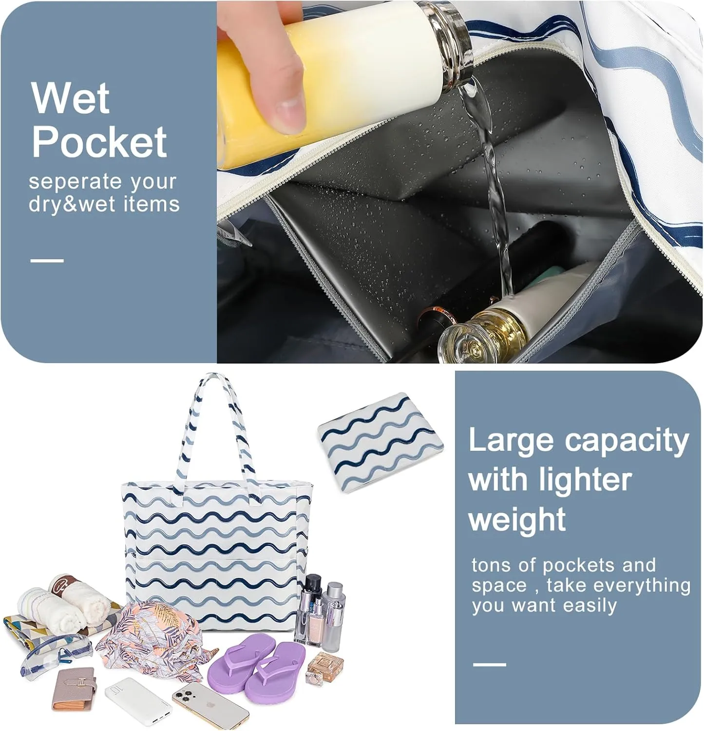 Beach Pool Bags Tote for Women Ladies Large Gym Tote Carry On Bag With Wet Compartment for Weekender Travel Waterproof