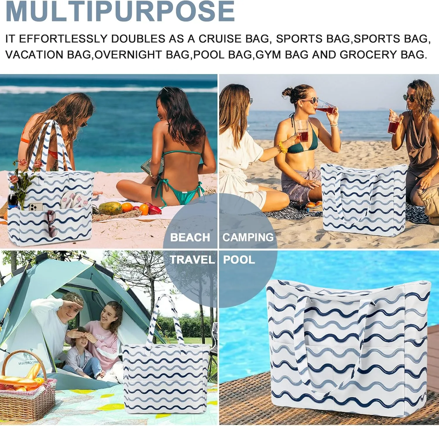 Beach Pool Bags Tote for Women Ladies Large Gym Tote Carry On Bag With Wet Compartment for Weekender Travel Waterproof