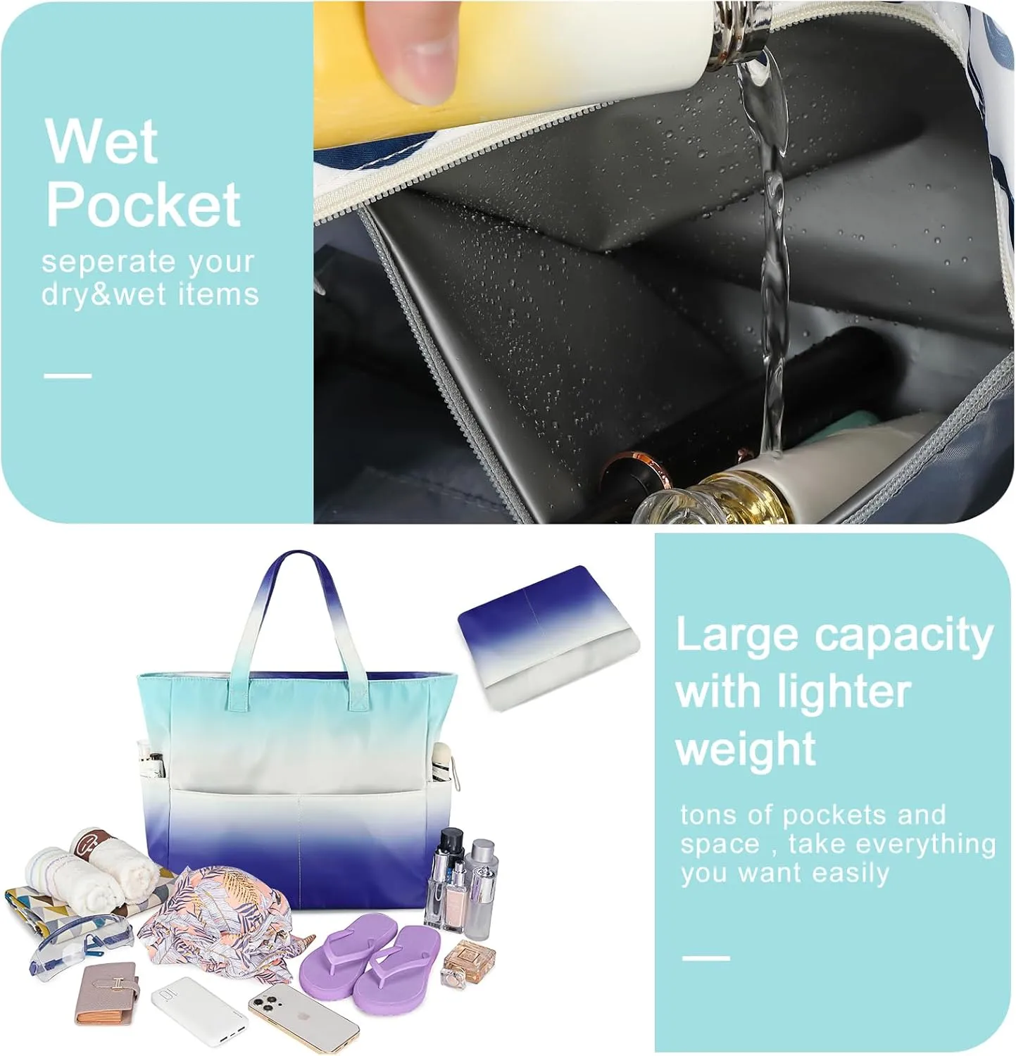 Beach Pool Bags Tote for Women Ladies Large Gym Tote Carry On Bag With Wet Compartment for Weekender Travel Waterproof