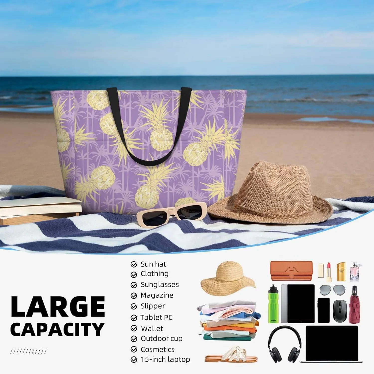 Beach Tote Bag for Women Beach Bag Waterproof and Sandproof Tote Bag with Wet Bag Large Travel Bag for Weekend Travel