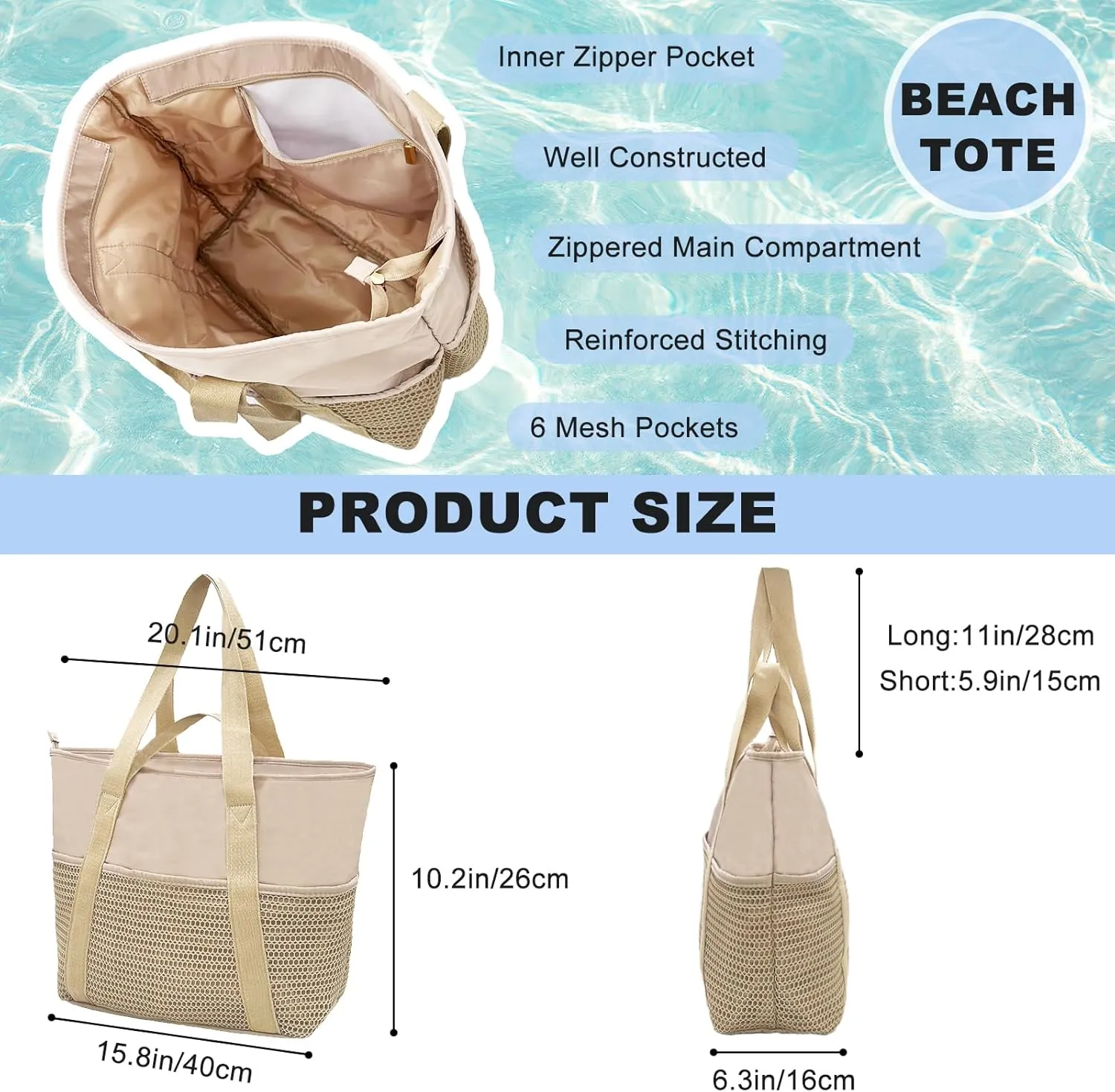 Beach Tote Bag Waterproof Sandproof Mesh Swiming Pool Bag with Zipper for Summer Vacation