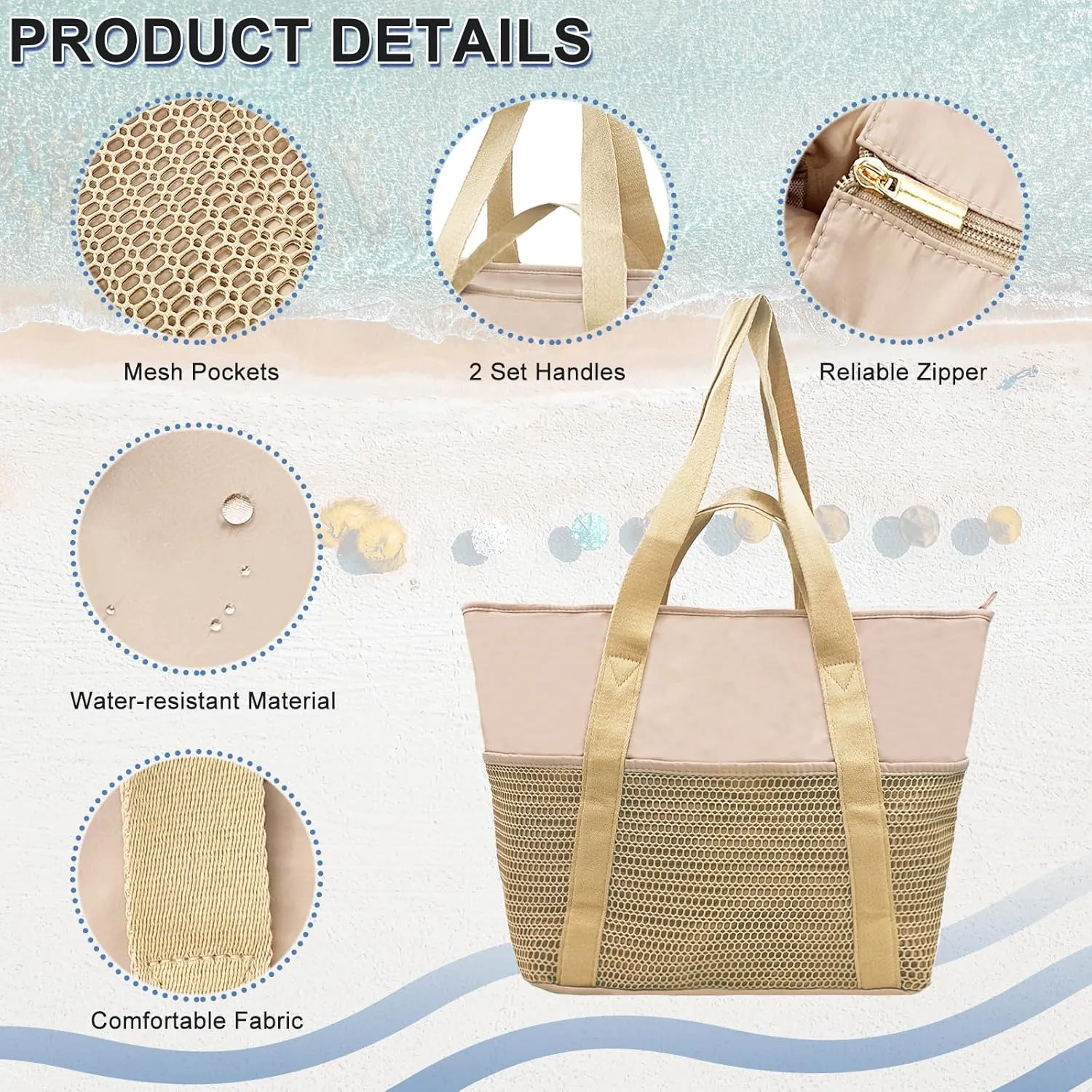 Beach Tote Bag Waterproof Sandproof Mesh Swiming Pool Bag with Zipper for Summer Vacation