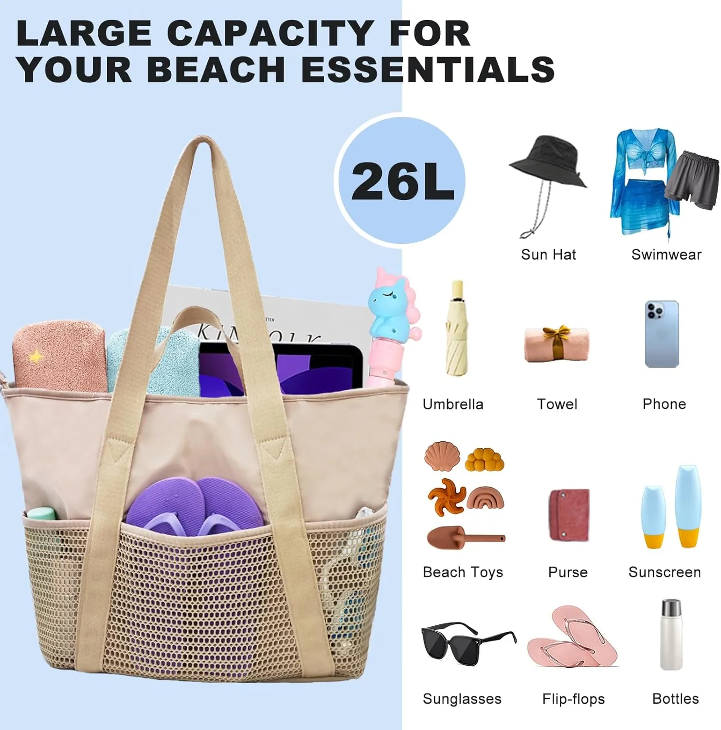 Beach Tote Bag Waterproof Sandproof Mesh Swiming Pool Bag with Zipper for Summer Vacation