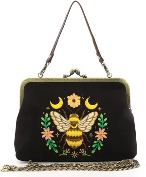 Bee Embroidered Kisslock Handbag with Chain Strap, Black